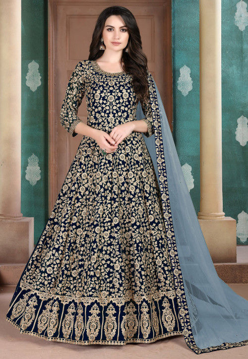 Buy Embroidered Georgette Abaya Style Suit in Navy Blue Online ...