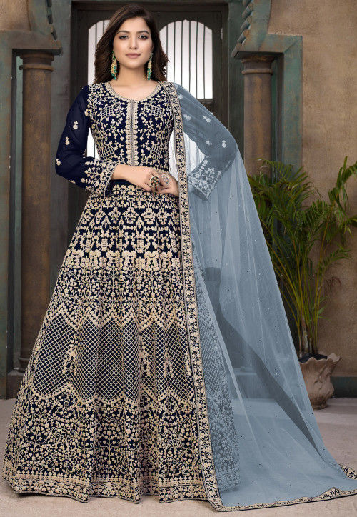 Embroidered Georgette Abaya Style Suit in Navy Blue : KCH6769