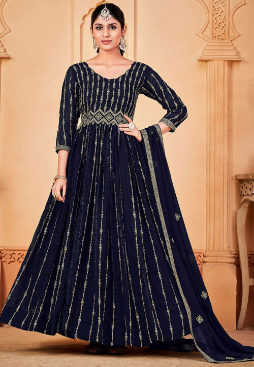 Embroidered Georgette Abaya Style Suit in Navy Blue