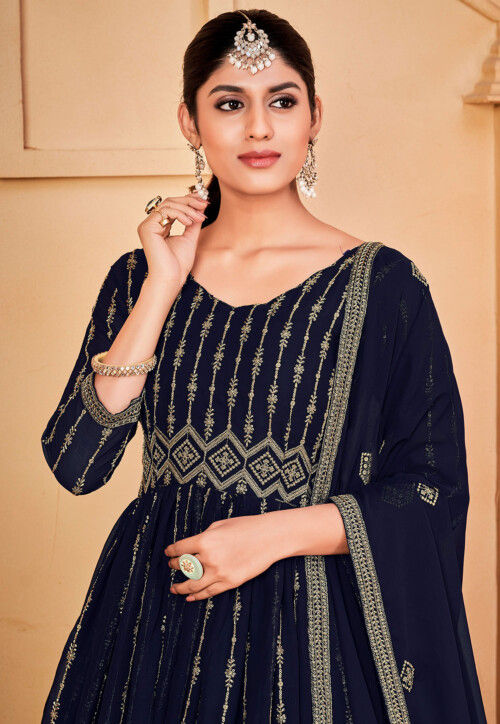 Embroidered Georgette Abaya Style Suit in Navy Blue
