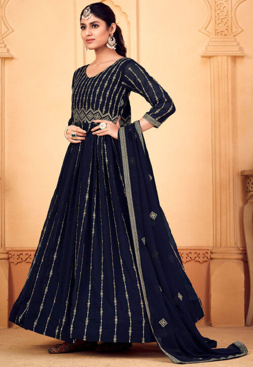 Embroidered Georgette Abaya Style Suit in Navy Blue