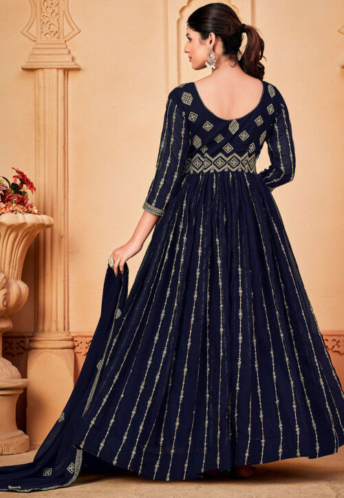 Embroidered Georgette Abaya Style Suit in Navy Blue