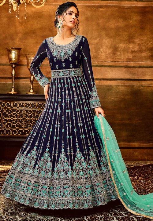 Embroidered Georgette Abaya Style Suit in Navy Blue : KGZT4381
