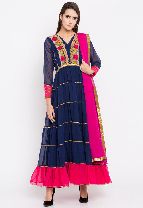 Buy Embroidered Georgette Abaya Style Suit In Navy Blue Online Knf533 Utsav Fashion 