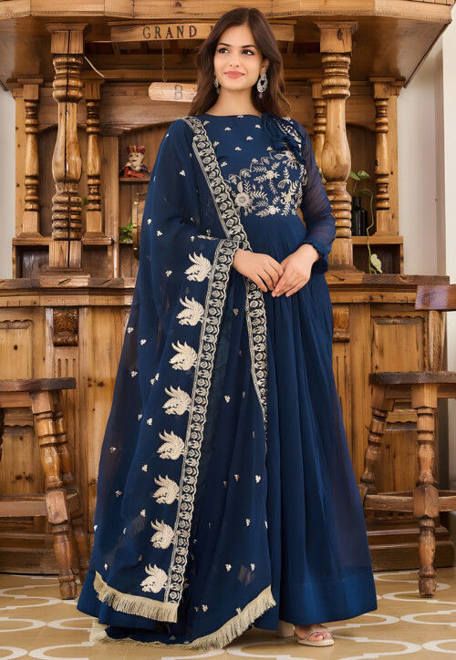 Embroidered georgette abaya style suit in navy blue shop