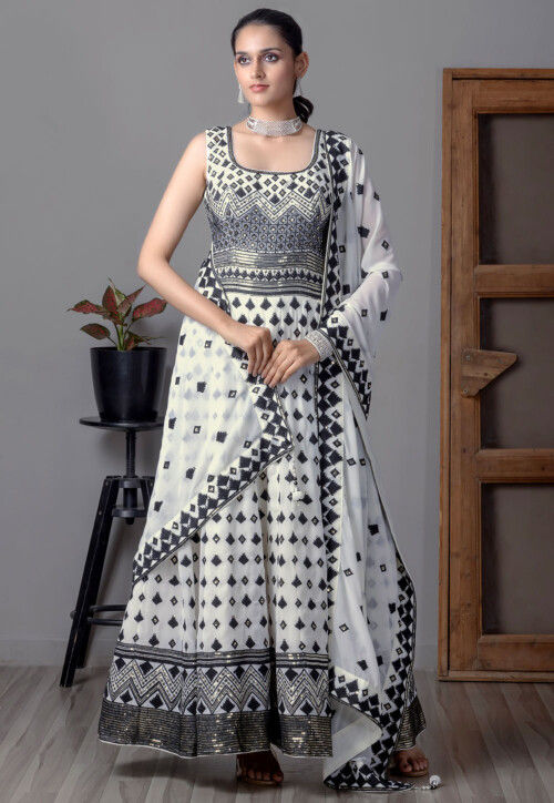 Embroidered Georgette Abaya Style Suit in Off White