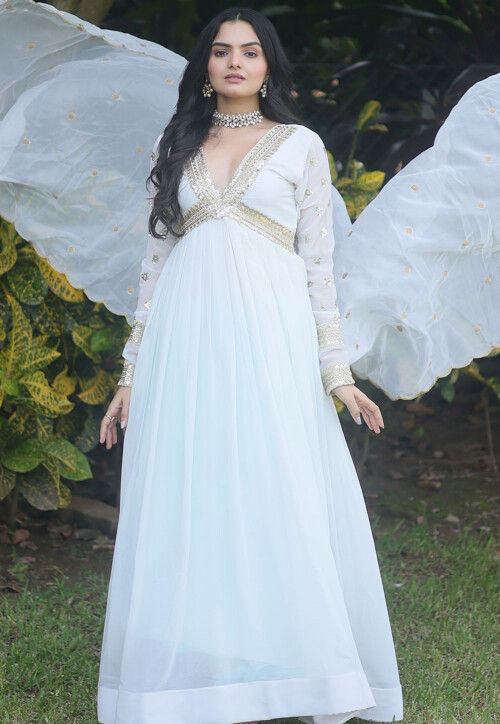 Buy Embroidered Georgette Abaya Style Suit in Off White Online