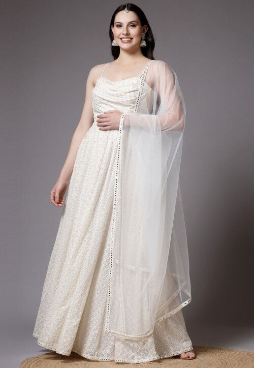 Embroidered Georgette Abaya Style Suit in Off White