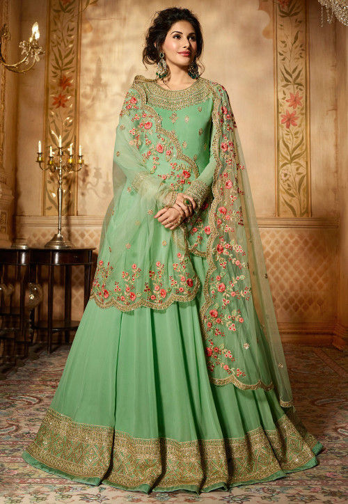 Embroidered Georgette Abaya Style Suit in Pastel Green : KCH1953