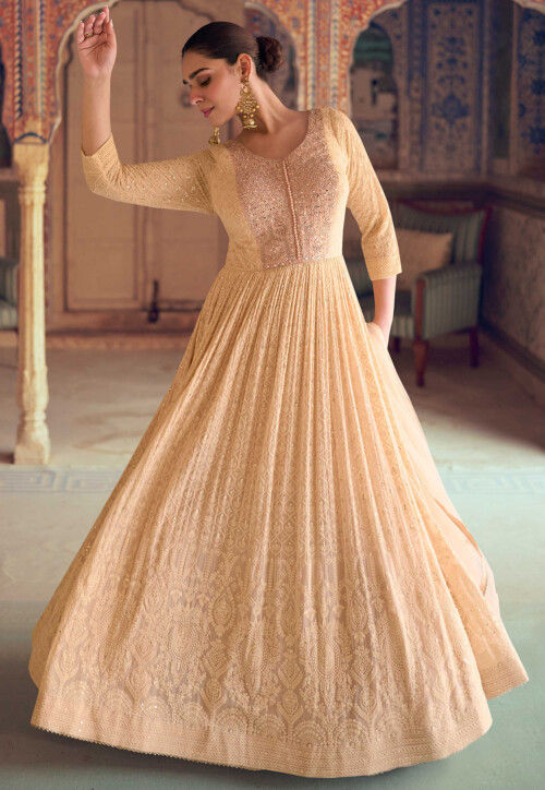 Embroidered Georgette Abaya Style Suit in Peach