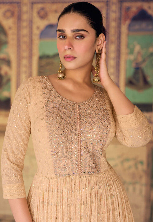 Embroidered Georgette Abaya Style Suit in Peach