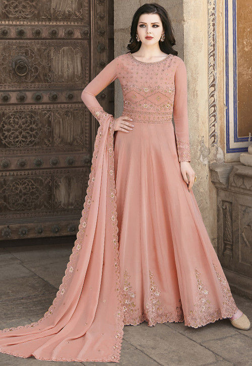 Embroidered Georgette Abaya Style Suit In Peach Kjc157 
