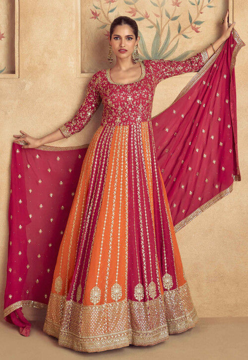 Embroidered Georgette Abaya Style Suit in Pink and Orange