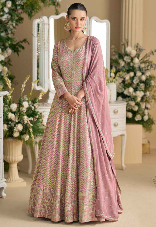 Embroidered Georgette Abaya Style Suit in Pink