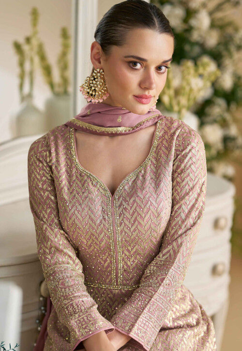 Embroidered Georgette Abaya Style Suit in Pink