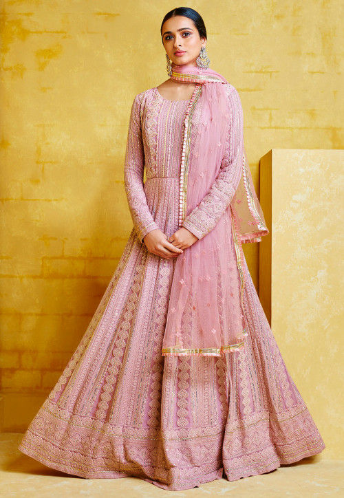 Embroidered Georgette Abaya Style Suit in Pink