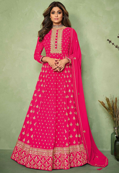 Embroidered Georgette Abaya Style Suit in Pink : KCH9048