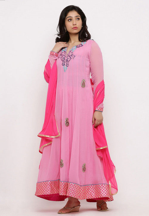Embroidered Georgette Abaya Style Suit in Pink
