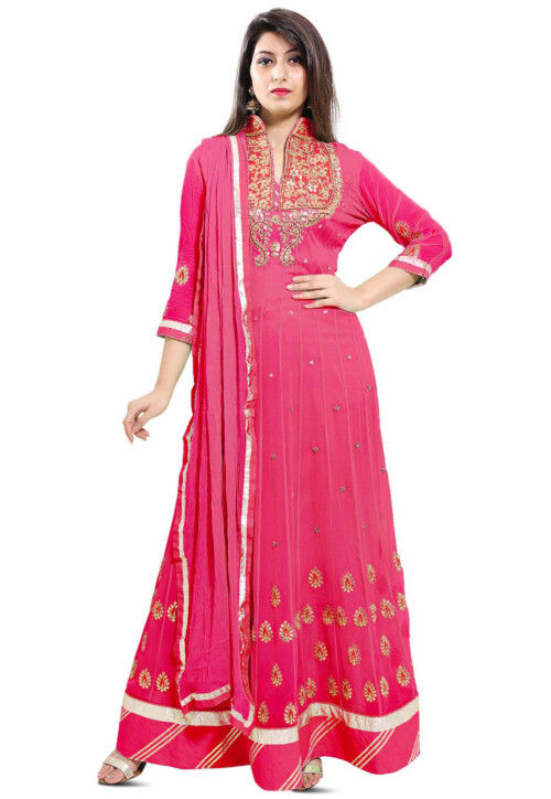Embroidered Georgette Abaya Style Suit in Dual Tone Pink