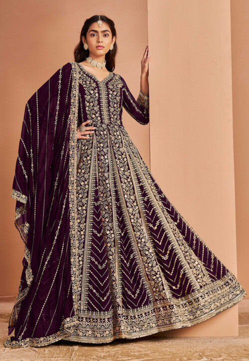 Embroidered Georgette Abaya Style Suit in Purple
