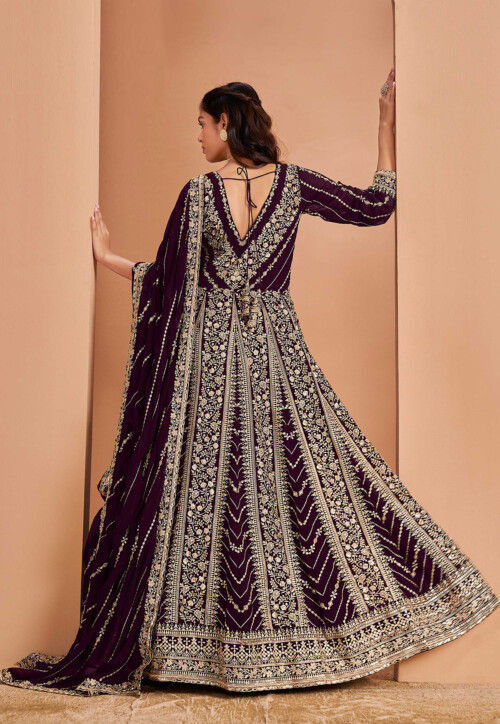 Embroidered Georgette Abaya Style Suit in Purple