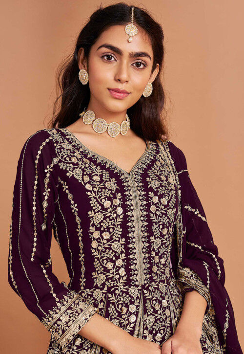 Embroidered Georgette Abaya Style Suit in Purple