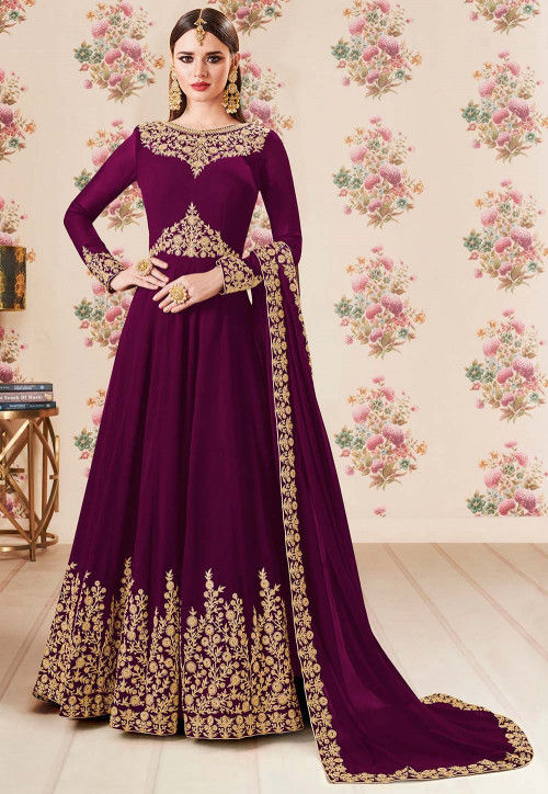 Embroidered Georgette Abaya Style Suit in Magenta