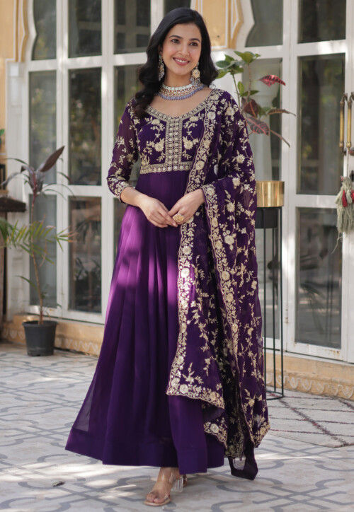 Embroidered Georgette Abaya Style Suit in Purple