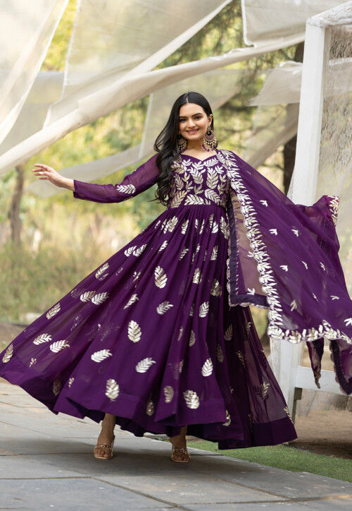 Embroidered Georgette Abaya Style Suit in Purple