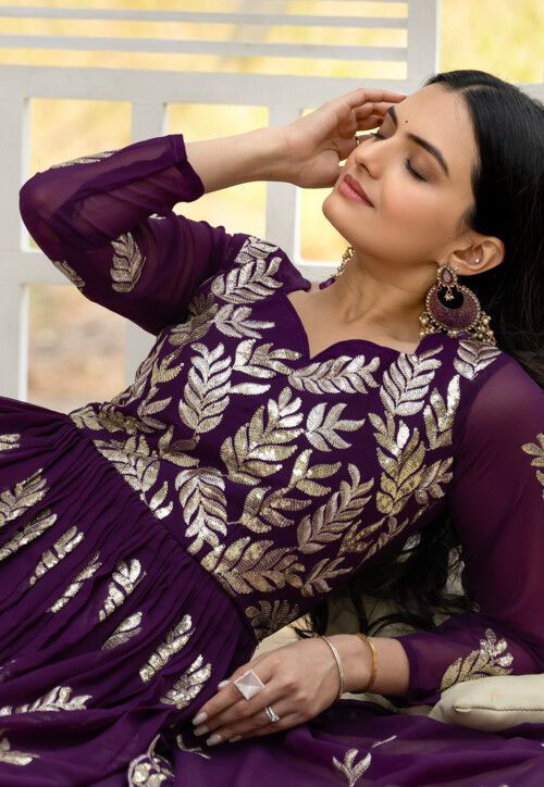 Embroidered Georgette Abaya Style Suit in Purple