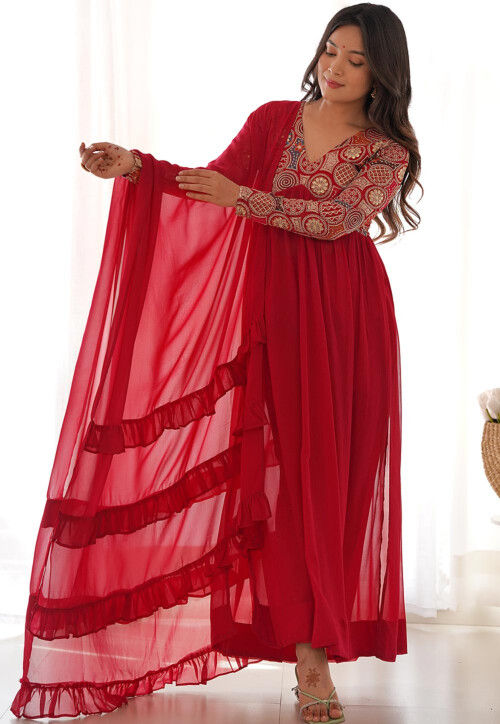 Embroidered Georgette Abaya Style Suit in Red