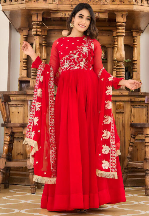 Embroidered Georgette Abaya Style Suit in Red
