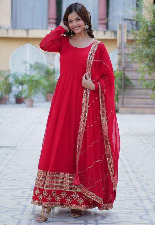 Embroidered Georgette Abaya Style Suit in Red