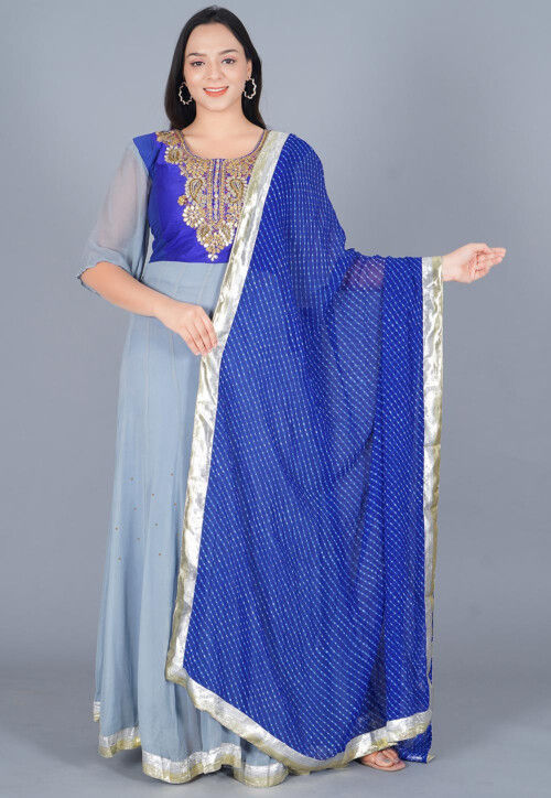 Embroidered Georgette Abaya Style Suit in Royal Blue and Grey