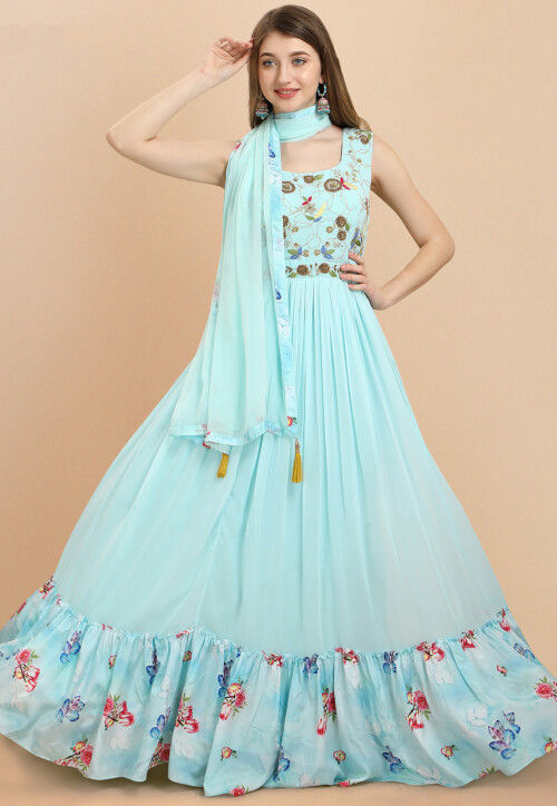 Embroidered Georgette Ruffled Abaya Style Suit in Sky Blue