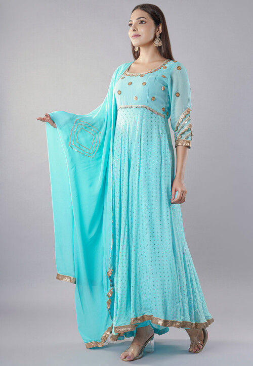Embroidered Georgette Abaya Style Suit in Sky Blue