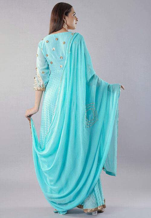 Embroidered Georgette Abaya Style Suit in Sky Blue