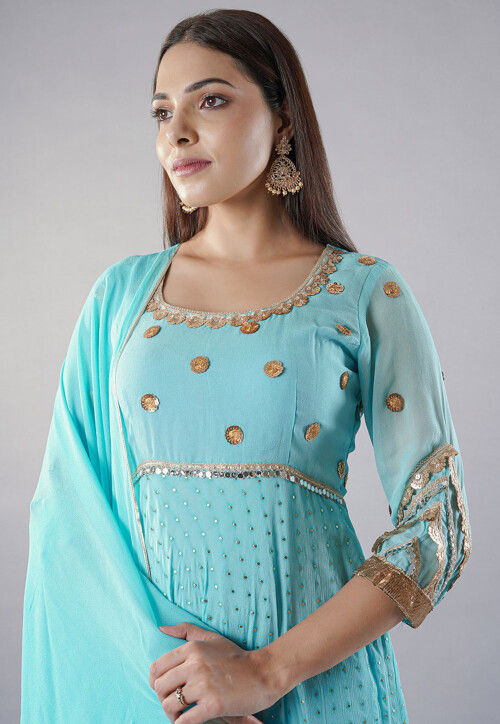 Embroidered Georgette Abaya Style Suit in Sky Blue
