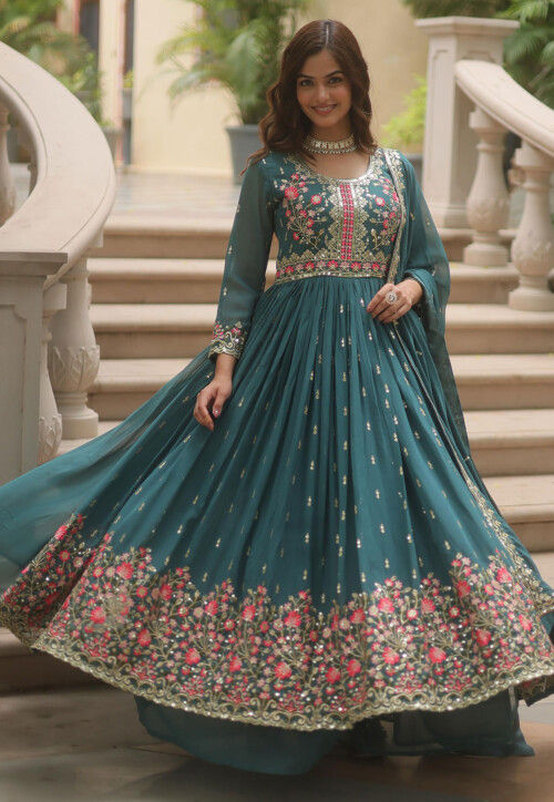 Embroidered Georgette Abaya Style Suit in Teal Blue