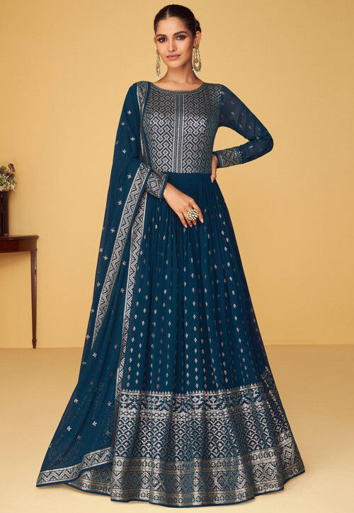 Embroidered Georgette Abaya Style Suit in Teal Blue