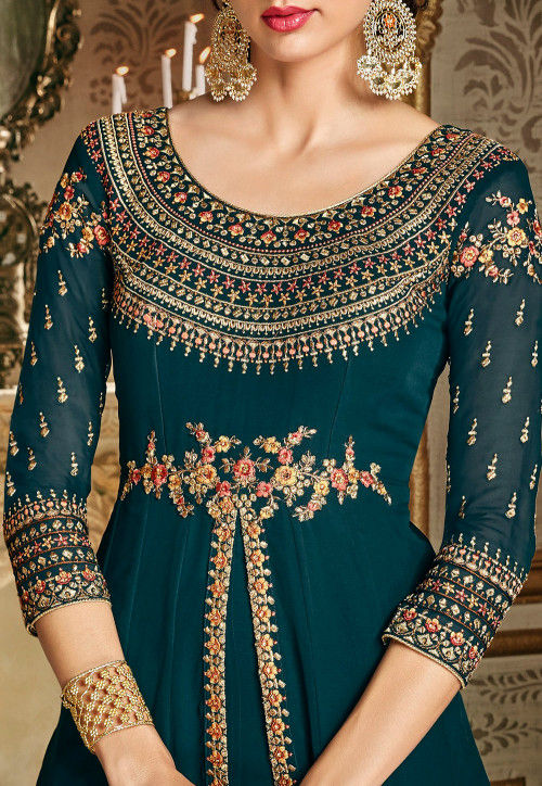 Buy Embroidered Georgette Abaya Style Suit in Teal Blue Online ...
