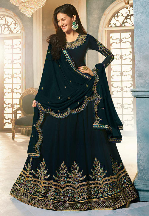 Embroidered Georgette Abaya Style Suit in Teal Blue : KCH4025