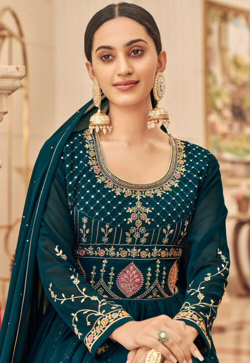 Embroidered Georgette Abaya Style Suit in Teal Blue : KCH8769
