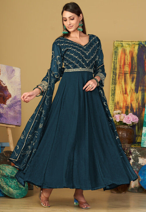 Embroidered Georgette Abaya Style Suit in Teal Blue