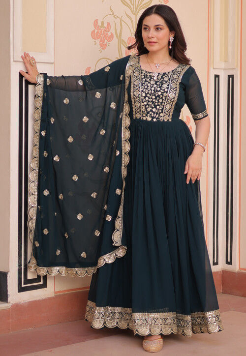 Embroidered Georgette Abaya Style Suit in Teal Blue