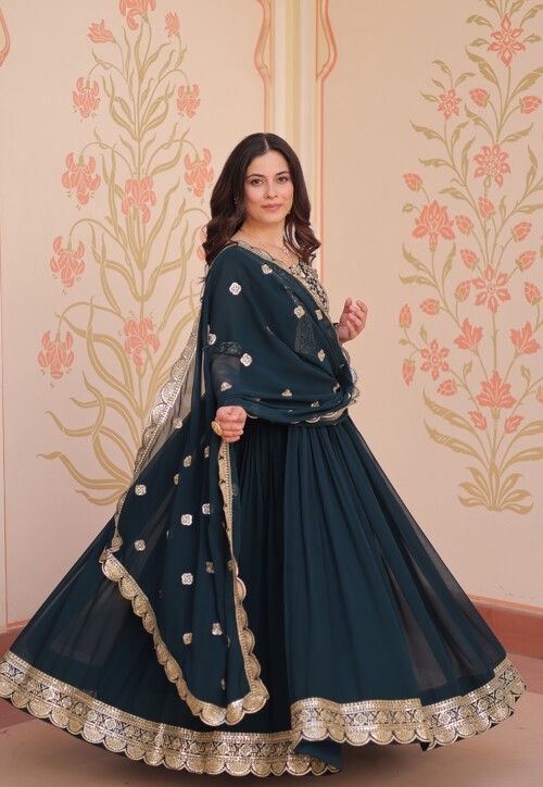 Embroidered Georgette Abaya Style Suit in Teal Blue