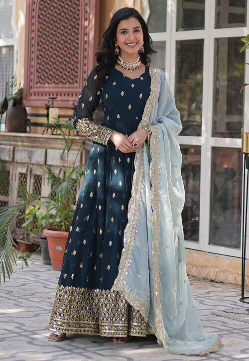Embroidered Georgette Abaya Style Suit in Teal Blue