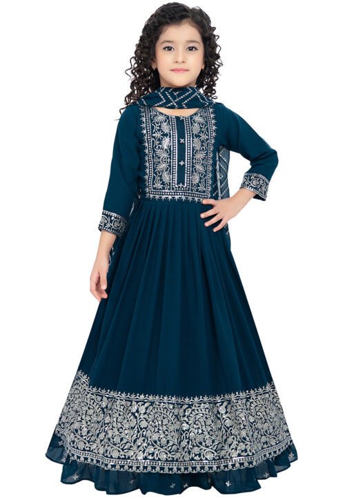 Embroidered Georgette Abaya Style Suit in Teal Blue