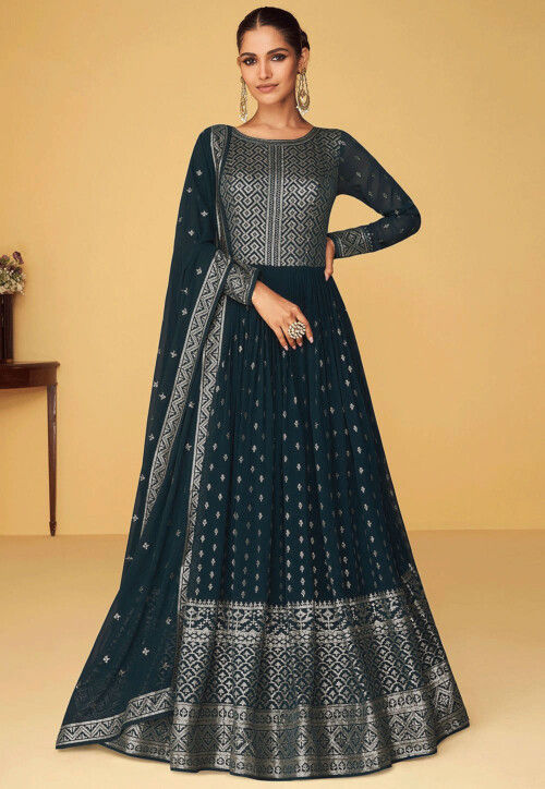 Embroidered Georgette Abaya Style Suit in Teal Blue KCH10274