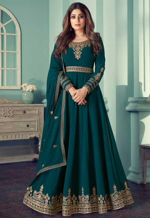 Embroidered Georgette Abaya Style Suit in Teal Green : KCH7207